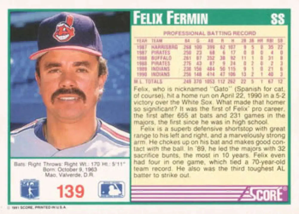 Baseball card of Felix Fermin with Cleveland Indians logo on navy cap