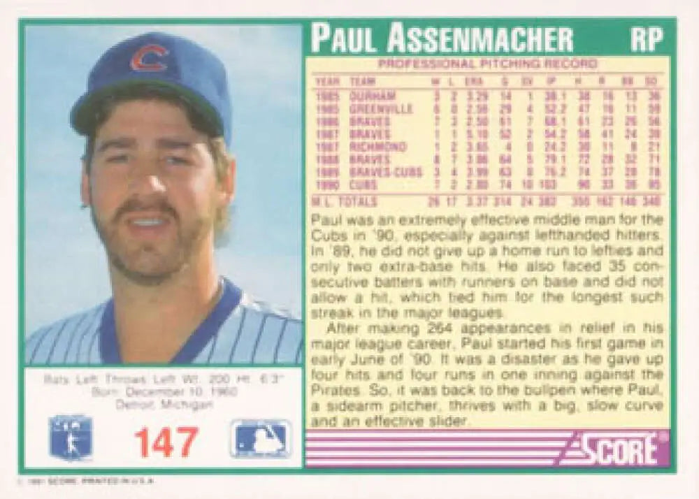 Baseball card of Paul Assenmacher in a blue cap, representing the Chicago Cubs