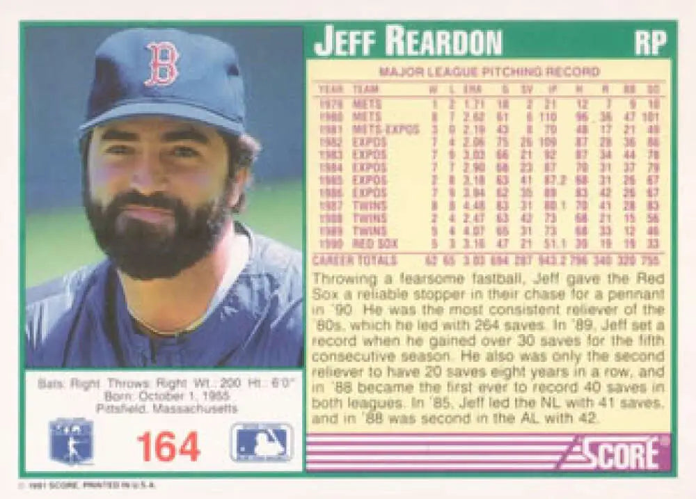 Baseball card of Jeff Reardon in Red Sox uniform, featuring full beard