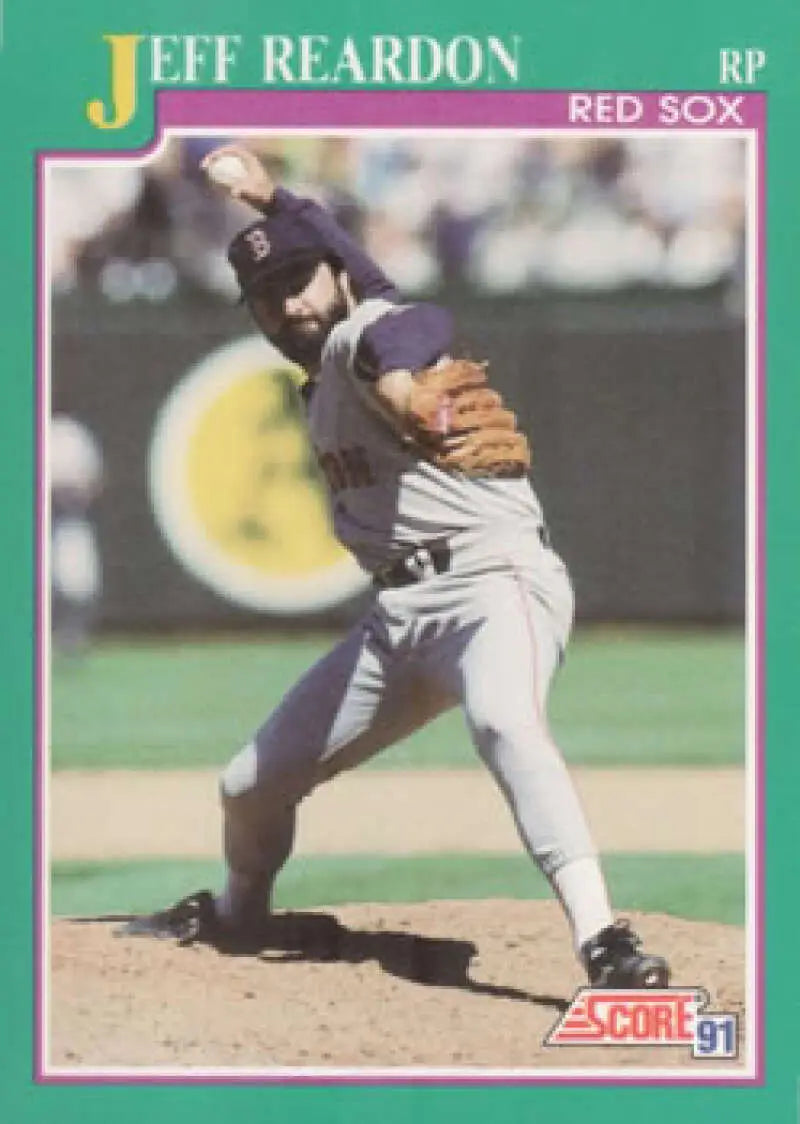 Baseball card of Jeff Reardon mid-delivery in gray Boston Red Sox uniform