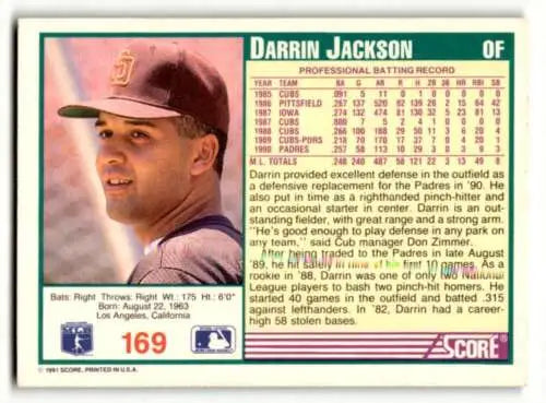 Darrin Jackson San Diego baseball card with original gloss 1991 Score #169