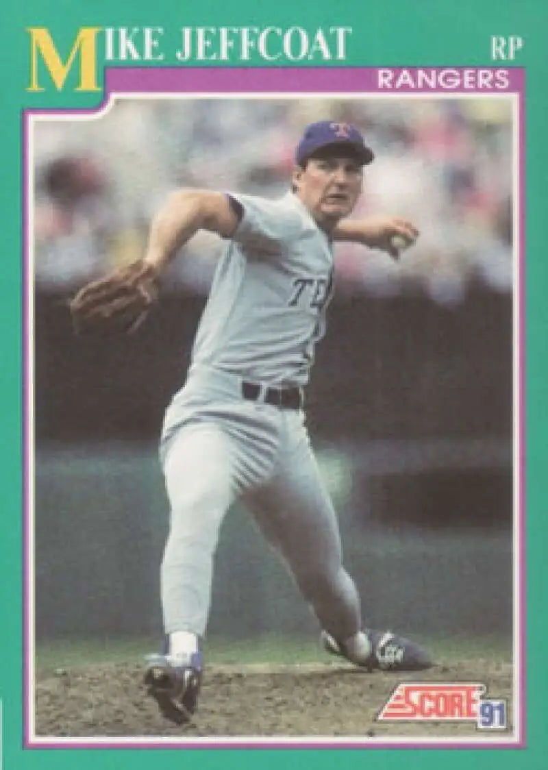 Texas Rangers Baseball Card of Mike Jeffcoat in mid-delivery wearing a white uniform