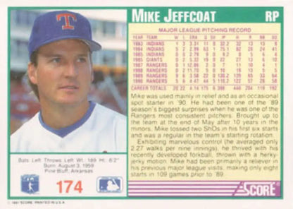 Baseball card of Mike Jeffcoat in a blue cap, Texas Rangers Baseball collectible