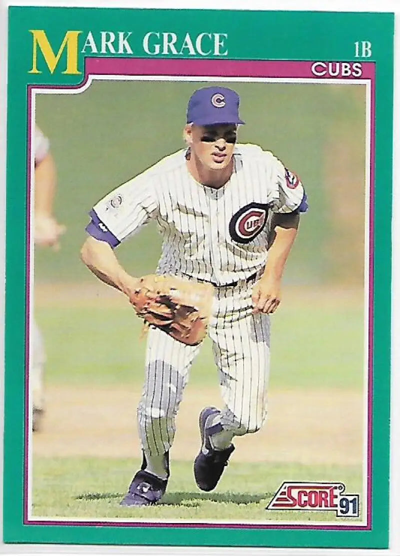 Baseball card of Mark Grace in fielding position for Chicago Cubs in pinstripes