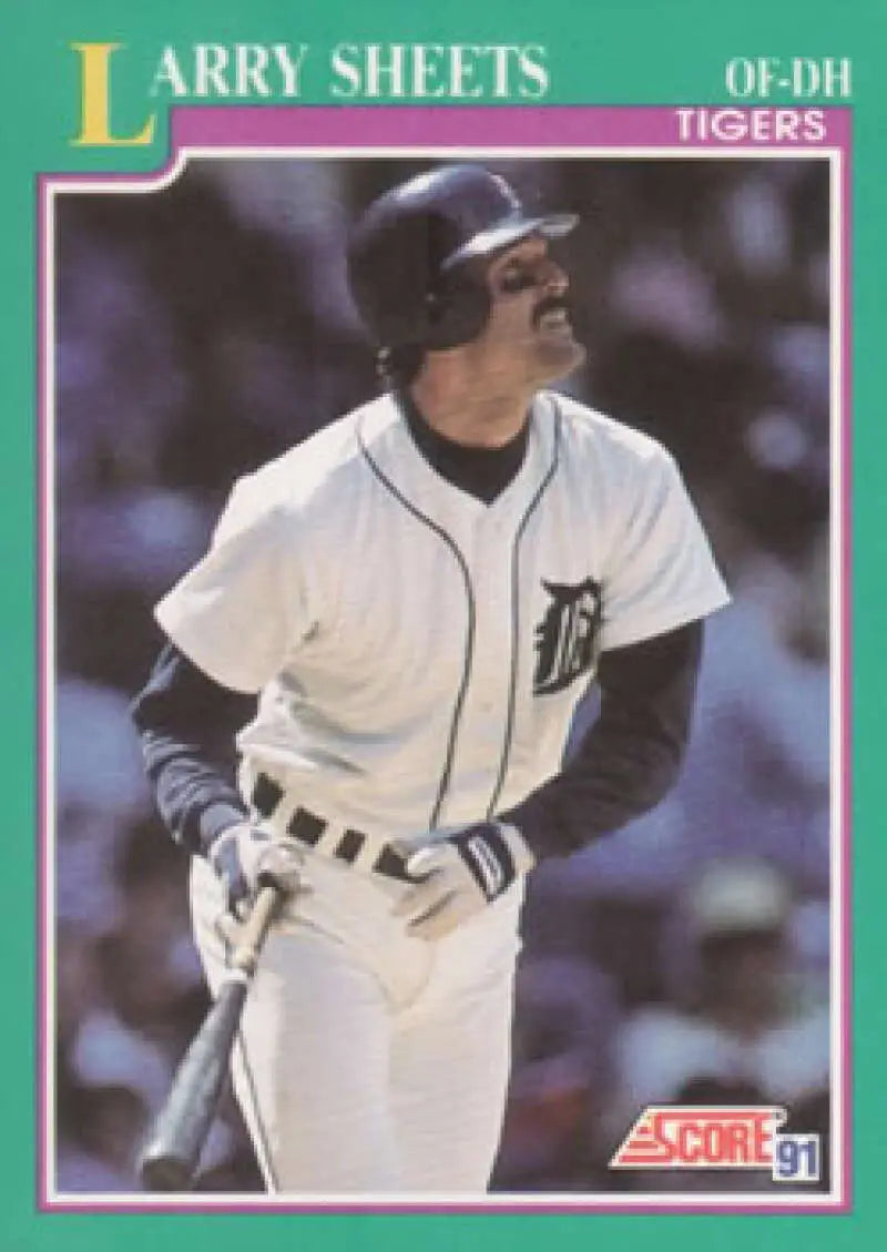 Detroit Tigers baseball card of Larry Sheets in white home uniform at bat