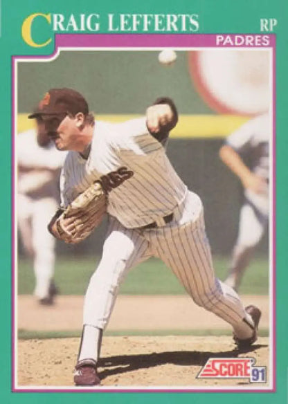 Baseball card of Padres pitcher Craig Lefferts in pinstriped uniform mid-delivery