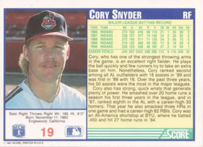 Cleveland Indians baseball card of Cory Snyder in team cap and uniform