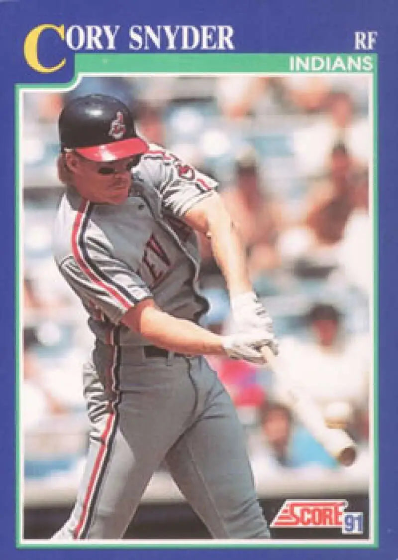 Cory Snyder swinging bat in gray uniform on 1991 Score Cleveland Indians baseball card