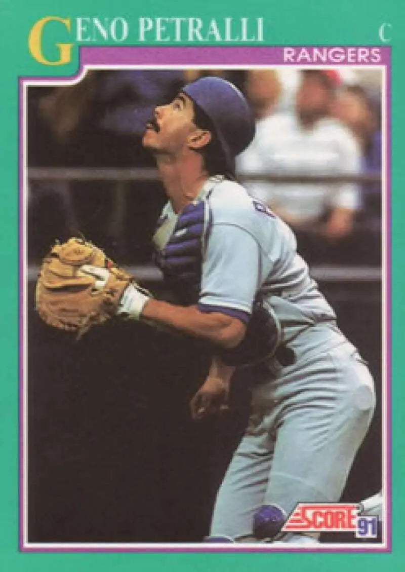 Baseball card of Geno Petralli, Texas Rangers catcher in light blue uniform