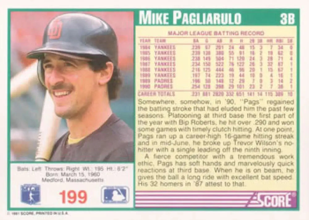 Baseball card featuring Mike Pagliarulo of the San Diego Padres from 1991 Score