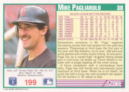 Baseball card featuring Mike Pagliarulo of the San Diego Padres from 1991 Score