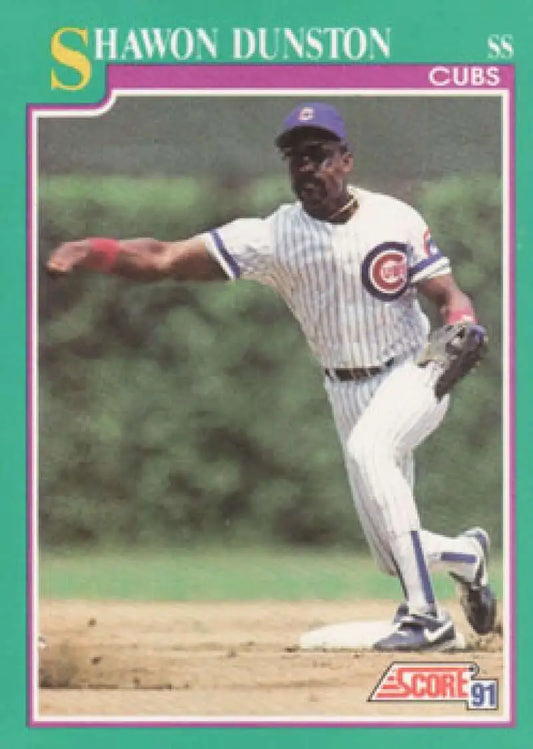 Shawon Dunston mid-pitch in Chicago Cubs pinstriped uniform on baseball card