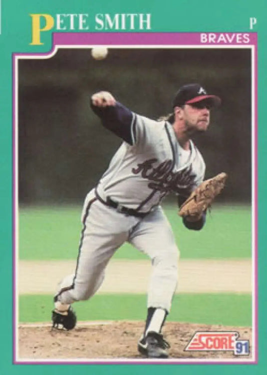 Baseball card of Pete Smith in mid-delivery for Atlanta Braves collectors