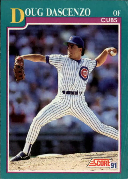 Baseball card of Doug Dascenzo, Chicago Cubs pitcher in pinstriped home uniform