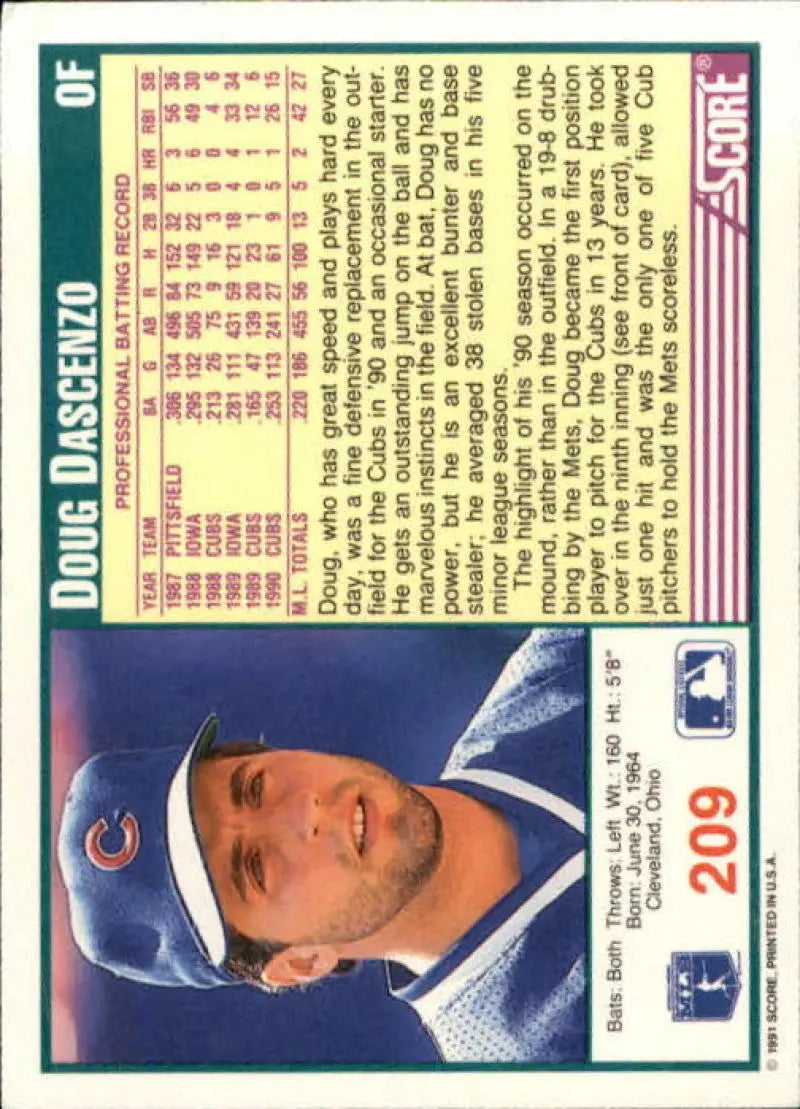 Baseball card featuring Doug Dascenzo of the Chicago Cubs from 1991 Score