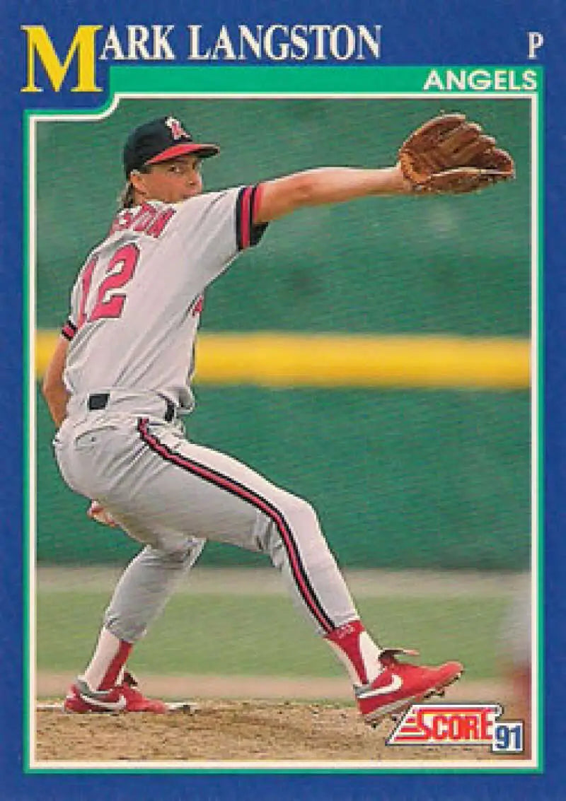 Baseball card of Mark Langston in California Angels uniform mid-delivery pitch