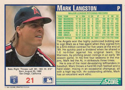 Baseball card of Mark Langston, California Angels pitcher in red cap with stats