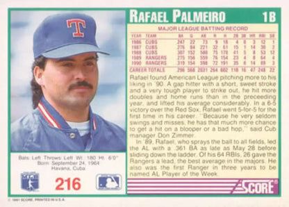 Rafael Palmeiro Texas Rangers Baseball Card from 1991 Score showcasing player in blue cap