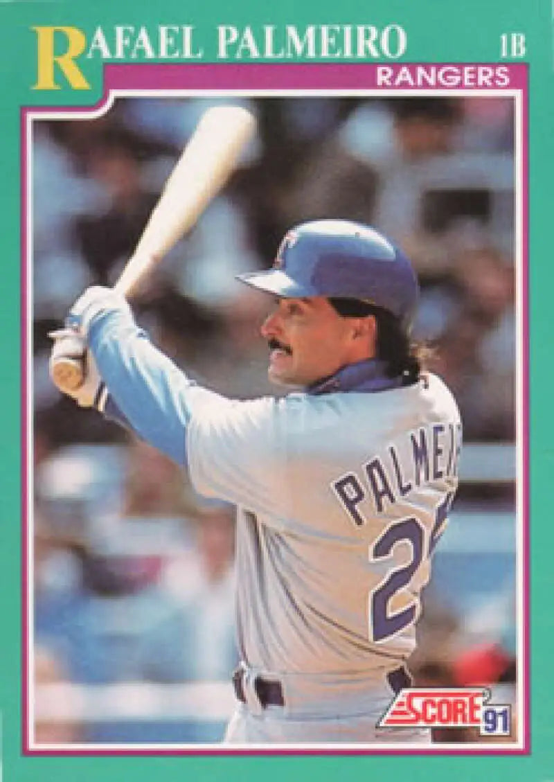 Rafael Palmeiro in gray uniform at bat on Texas Rangers baseball card 1991 Score #216