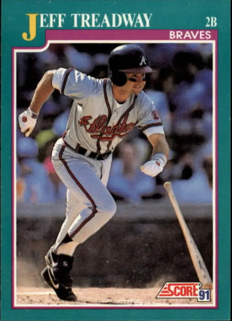 1991 Score Jeff Treadway Baseball Card showcasing Atlanta Braves player at bat