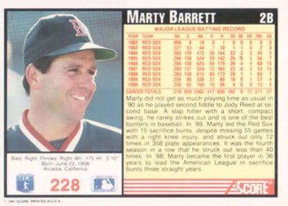 1991 Score baseball card of Marty Barrett from the Boston Red Sox wearing team cap