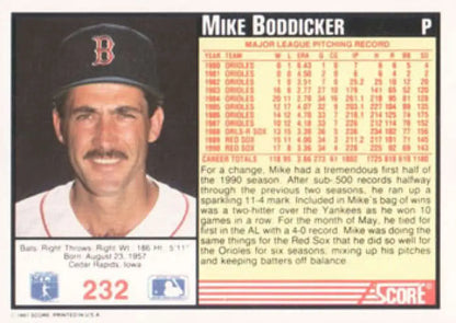 Boston Red Sox player Mike Boddicker with cap and mustache on 1991 Score baseball card