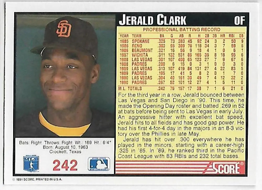 1991 Score Jerald Clark Baseball Card featuring San Diego Padres outfielder in dark cap