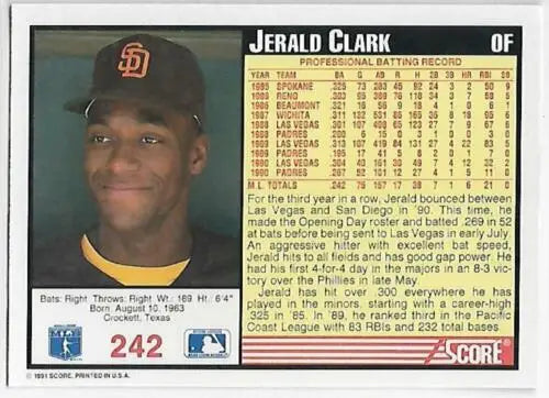 1991 Score #242 Jerald Clark baseball card in original gloss, near mint condition