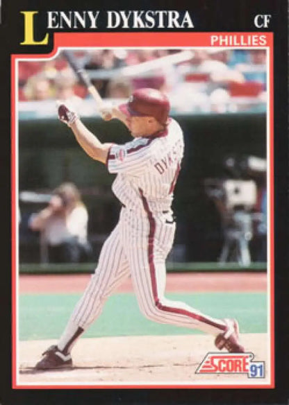 Baseball card of Lenny Dykstra in pinstriped uniform for Philadelphia Phillies