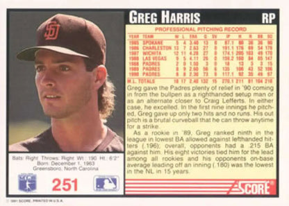 Baseball card of Greg Harris in a San Diego Padres brown cap