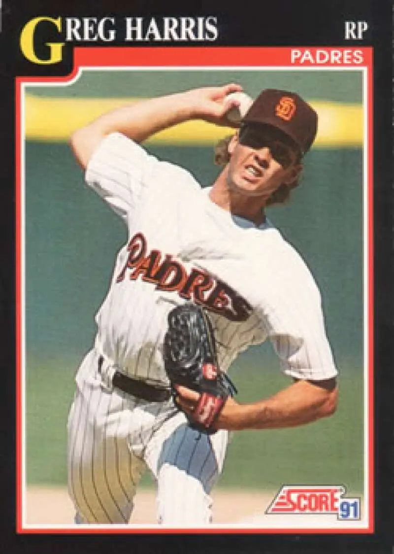 Baseball card of Greg Harris, San Diego Padres pitcher in a white pinstriped uniform