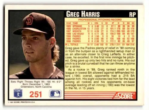 1991 Score #251 Greg Harris San Diego Padres Baseball Card with original gloss finish