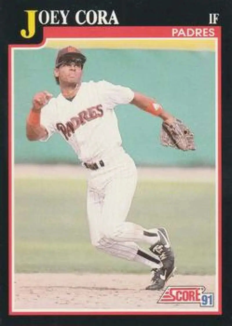 San Diego Padres player Joey Cora in throwing motion on 1991 Score baseball card