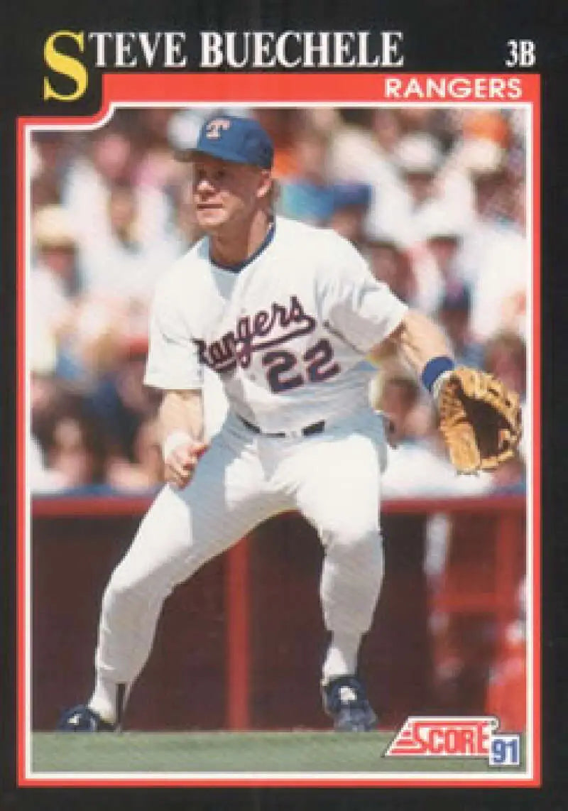 Baseball card featuring Steve Buechele in Texas Rangers home uniform number 22