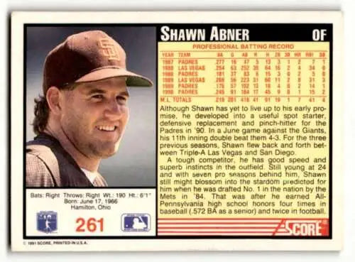 Shawn Abner San Diego Padres baseball card with original gloss from 1991 Score #261