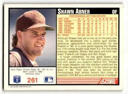 Shawn Abner San Diego Padres baseball card with original gloss, 1991 Score #261