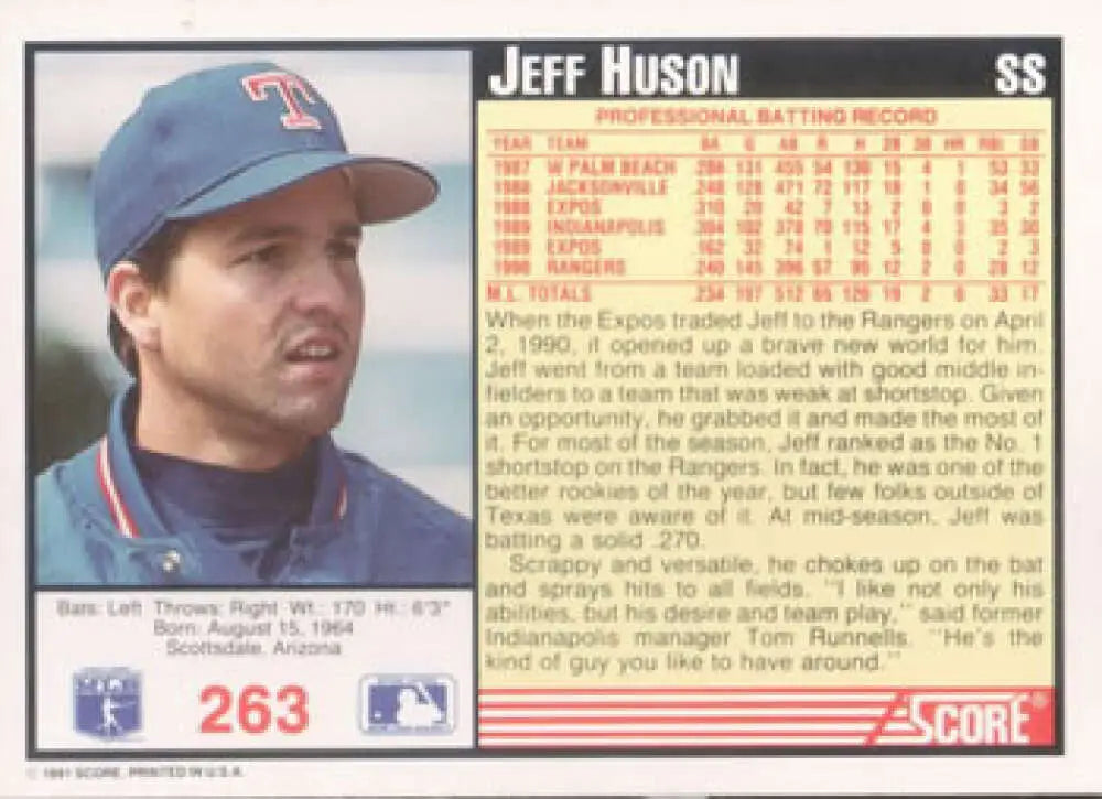 Jeff Huson Texas Rangers baseball card with stats and bio details on the back