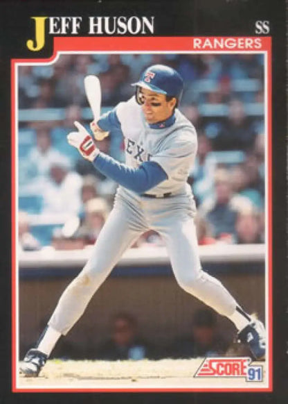 Jeff Huson Texas Rangers baseball card from the 1991 Score set at bat action shot