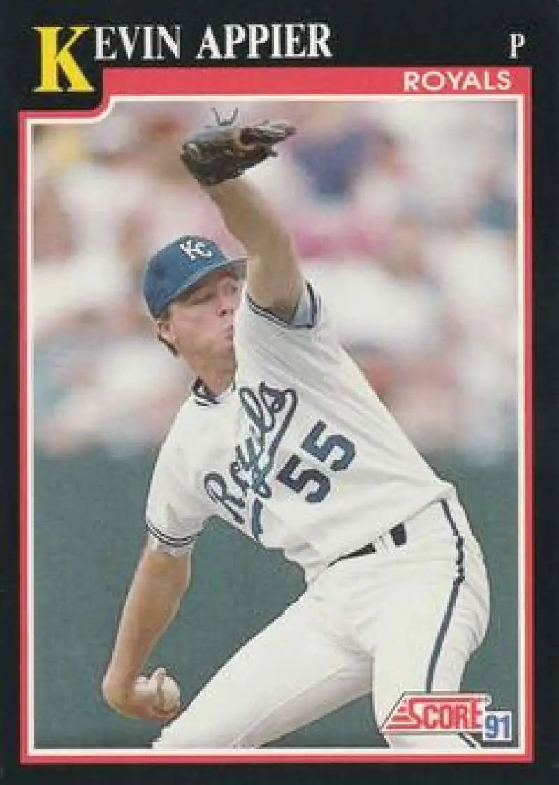 Kansas City Royals pitcher Kevin Appier mid-throw on his 1991 Score baseball card