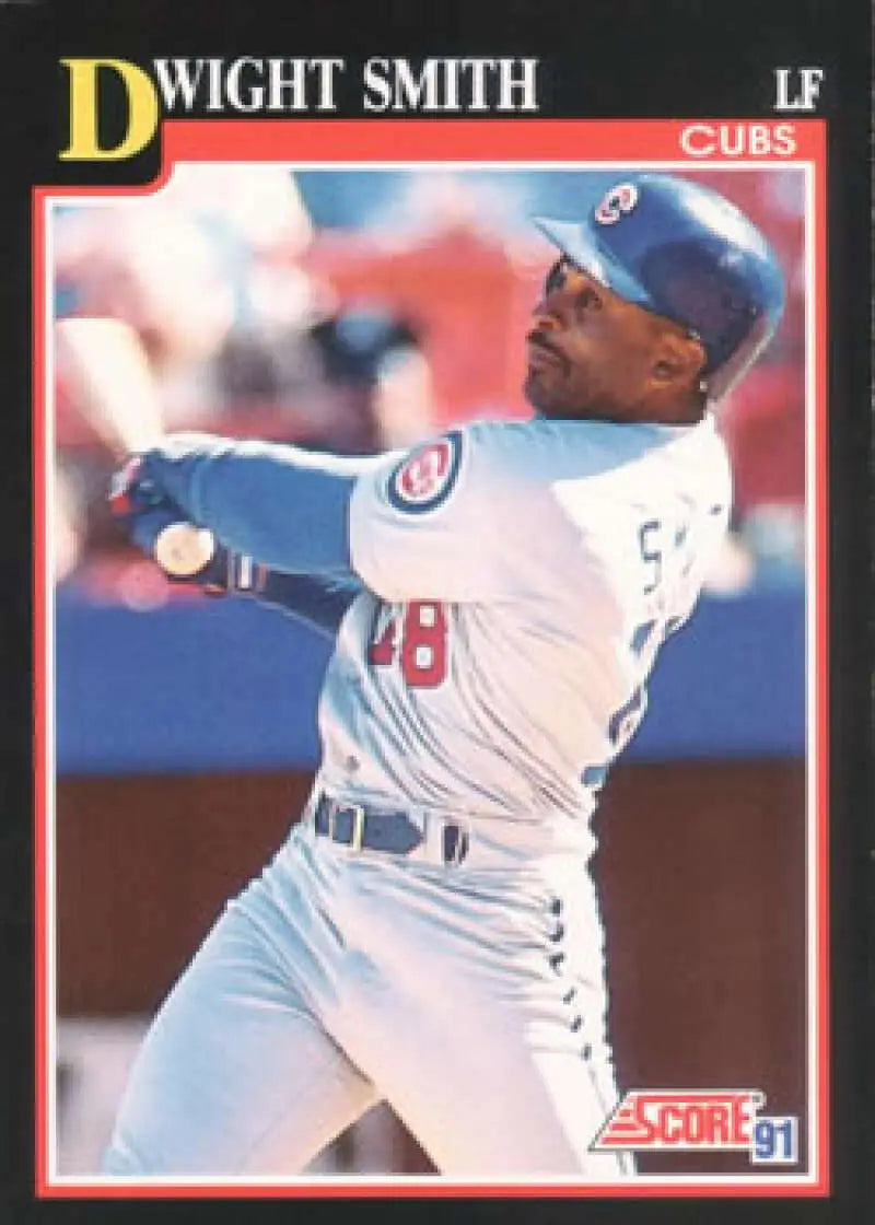 Baseball card of Dwight Smith in a white Chicago Cubs uniform swinging bat