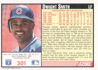 Baseball card of Dwight Smith in Chicago Cubs blue cap and uniform, 1991 Score #301