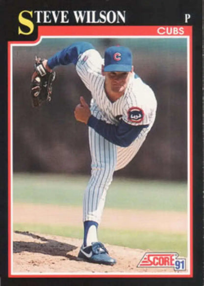 Baseball card of Steve Wilson pitching for the Chicago Cubs in pinstriped uniform