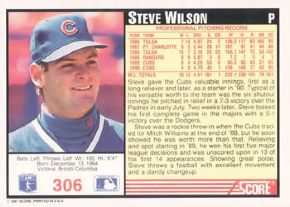 1991 Score Baseball Card of Steve Wilson in Chicago Cubs Blue Batting Helmet