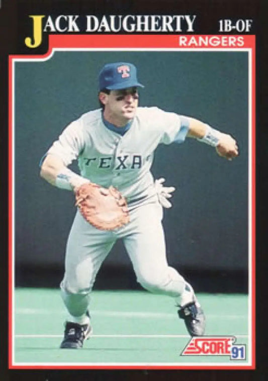 Baseball card of Jack Daugherty in a Texas Rangers grey road uniform pitching stance