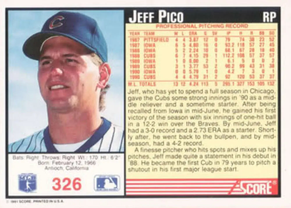 Baseball card of Jeff Pico in Chicago Cubs blue cap from 1991 Score #326