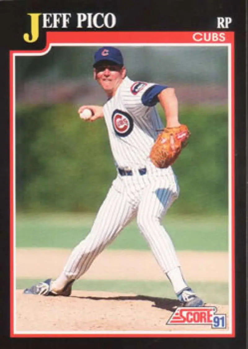 Baseball card of Jeff Pico in mid-throw for Chicago Cubs in pinstriped uniform