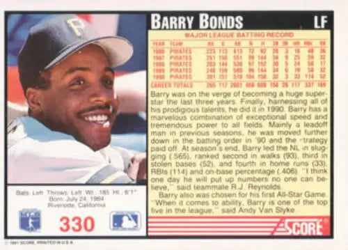 1991 Score #330 Barry Bonds NM-MT Pirates baseball card with original gloss finish