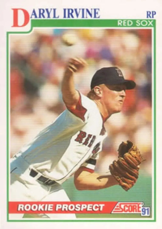 Baseball card of Daryl Irvine in mid-throw, showcasing Boston Red Sox home uniform