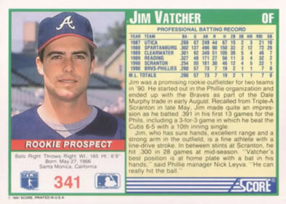 Baseball card of Jim Vatcher UER, Atlanta Braves rookie from 1991 Score series