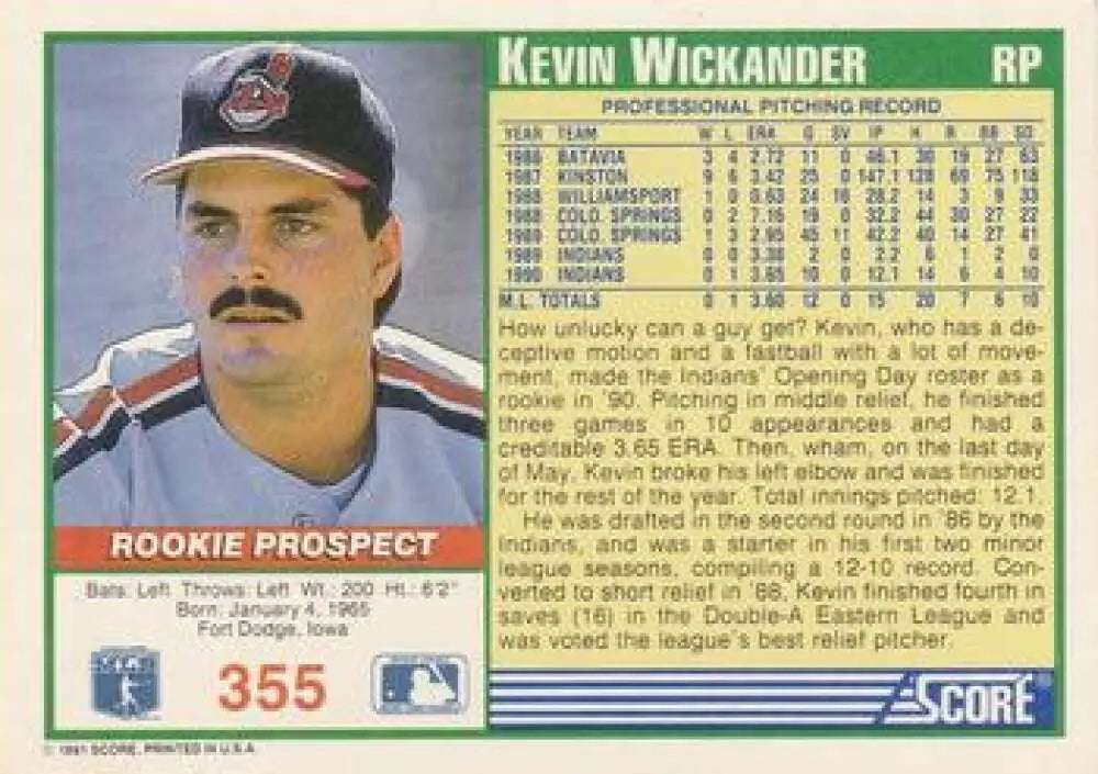 Cleveland Indians baseball card of Kevin Wickander in team cap and uniform with mustache